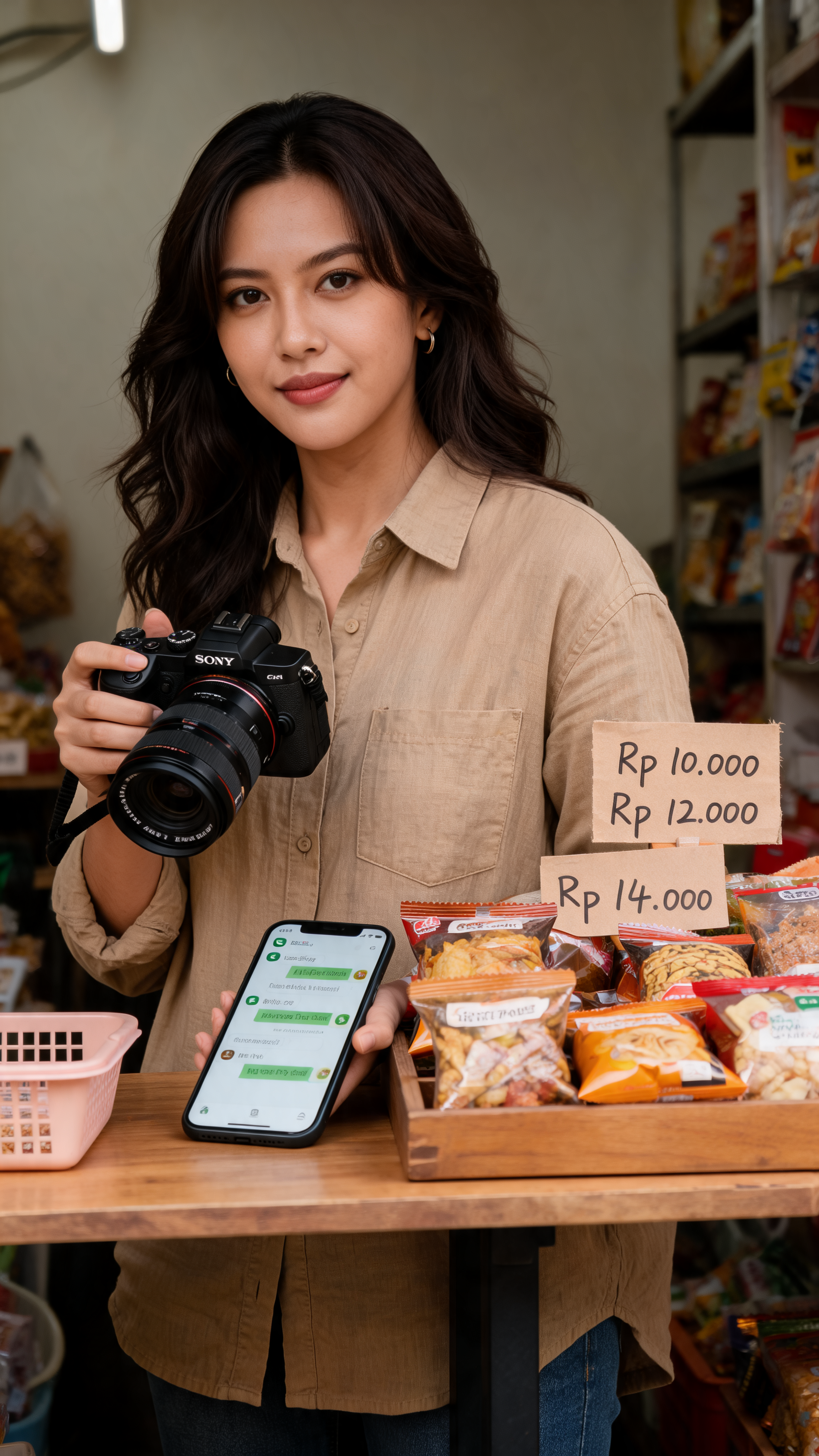 Aira di meja produk snack warung dengan label harga kecil dan ponsel order